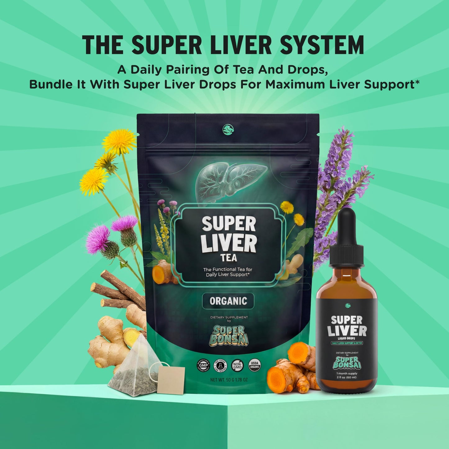 SuperBonsai Organic Liver Detox Tea – Dandelion Root & Milk Thistle Herbal Tea for Liver Support, Digestive Detox & Cleanse – Turmeric, Ginger & Nettle Botanical Blend