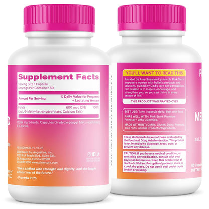 Pink Stork Folate: Methyl Folate - MTHFR Acid, Natural Form of Folic Acid for Pregnancy, Formulated for Mom + Baby, Women-Owned, 60 Capsules (Packaging May Vary)