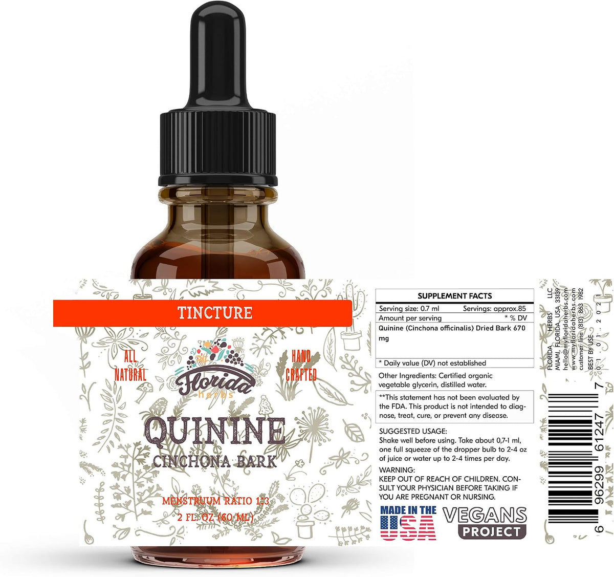 Quinine Tincture Extract, Quinine Liquid (Cinchona officinalis) Dried Bark Herbal Supplement- Non GMO Gluten Free in Cold-Pressed Vegetable Glycerine 670 mg (2 oz)