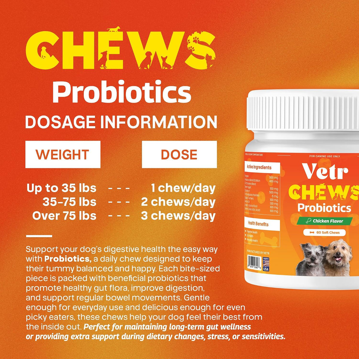 Vetr Probiotic Chews for Dogs - Chicken Flavored - Probiotics for Digestive Health - 60 Soft Chews - Vet-Formulated in USA