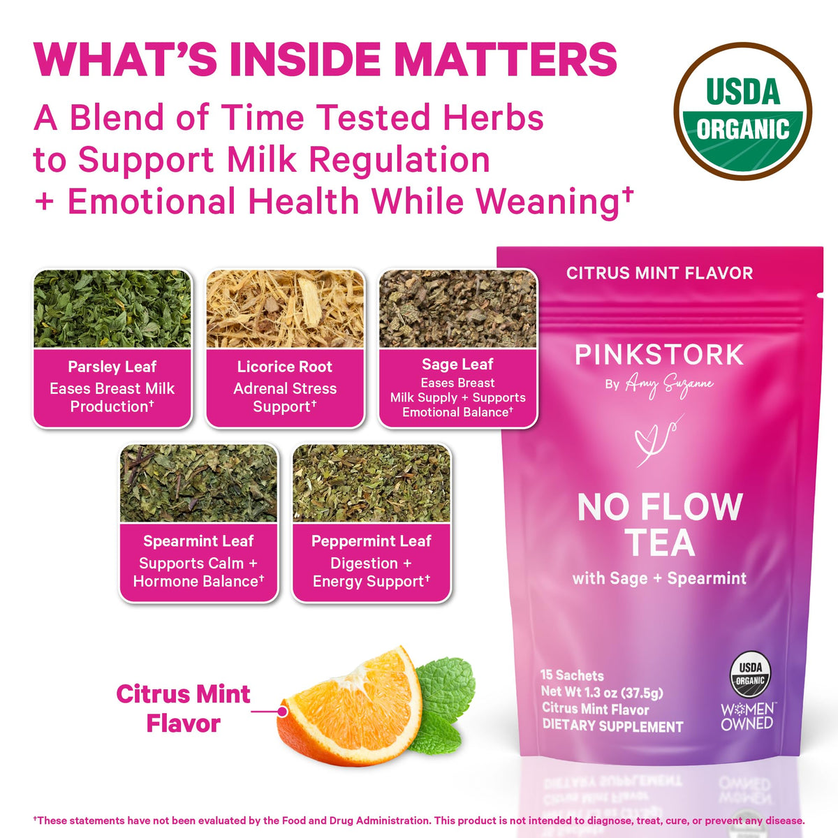 Pink Stork No Flow Organic Sage Tea, Floral Mint Flavor, 15 Sachets | Dry Up Breast Milk Supply, Ease Milk Production, Wean Lactation Naturally, Hot or Iced, Postpartum Essentials