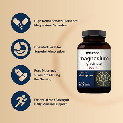 NatureBell Magnesium Glycinate Capsules 500mg & Myco Guardians 10 in 1 Mushroom Powder 10oz Bundle Pack | Chelated & Purified Mineral | Immune Booster & Brain Health Support