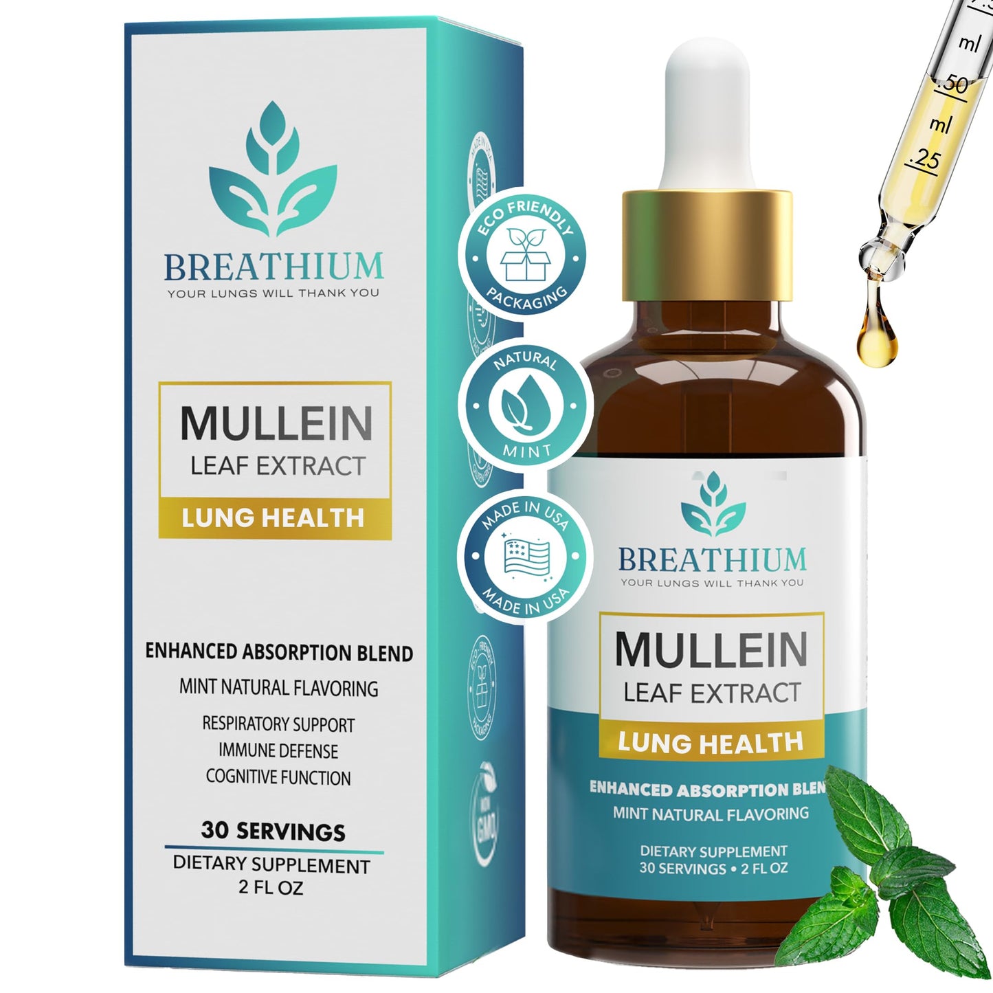 BREATHIUM 4-in-1 Mullein Drops for Lungs & Gut Health – Liposomal Mullein Leaf Extract, Made in USA, Natural Lung Detox for Smokers + Immune, Digestive