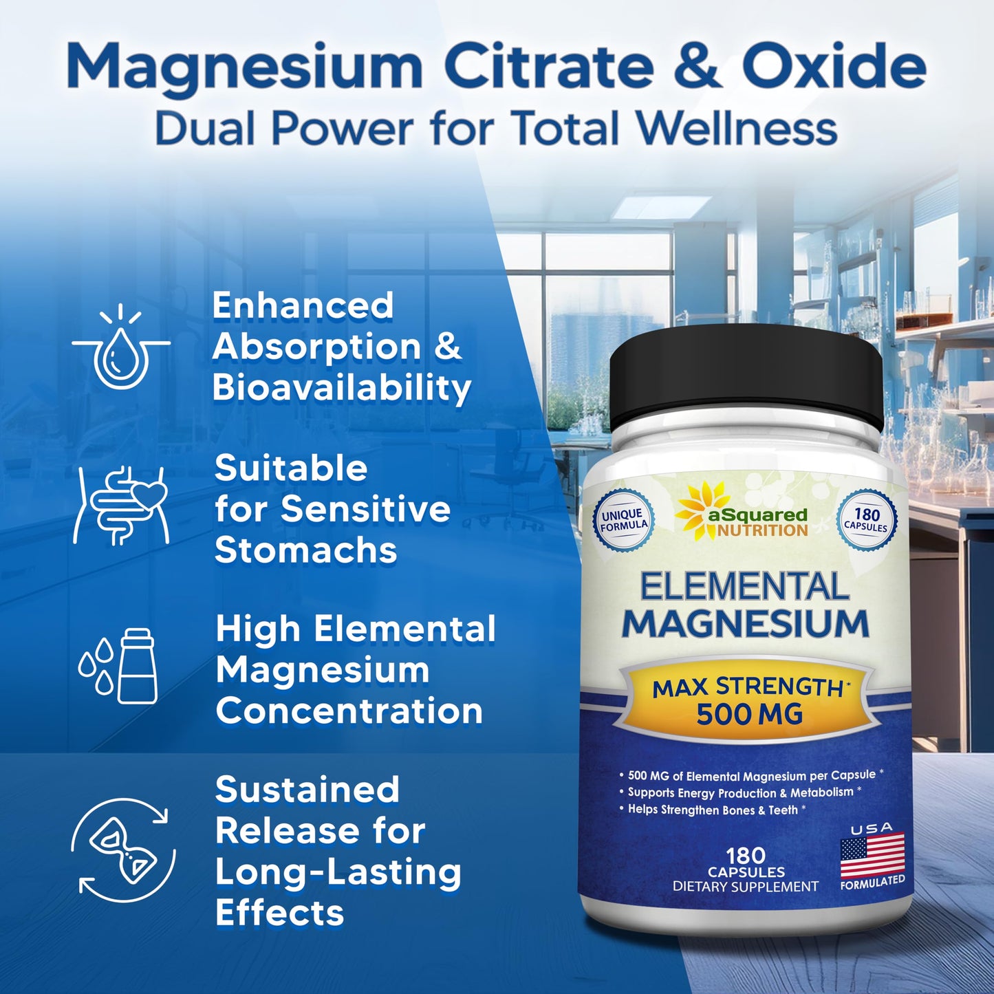 aSquared Nutrition Proprietary Magnesium 500mg – High Absorption Magnesium Citrate & Oxide – 180 Veggie Capsules, 180 Day Supply