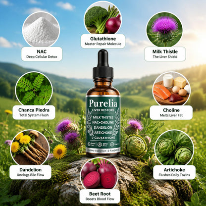 Purelia Liver Restore, 2.02FL OZ Liver Restore Drops, Complete Liver Support Supplement with Milk Thistle, Dandelion Root, L-Glutathione & Choline for Natural Balance & Liver Cleanse