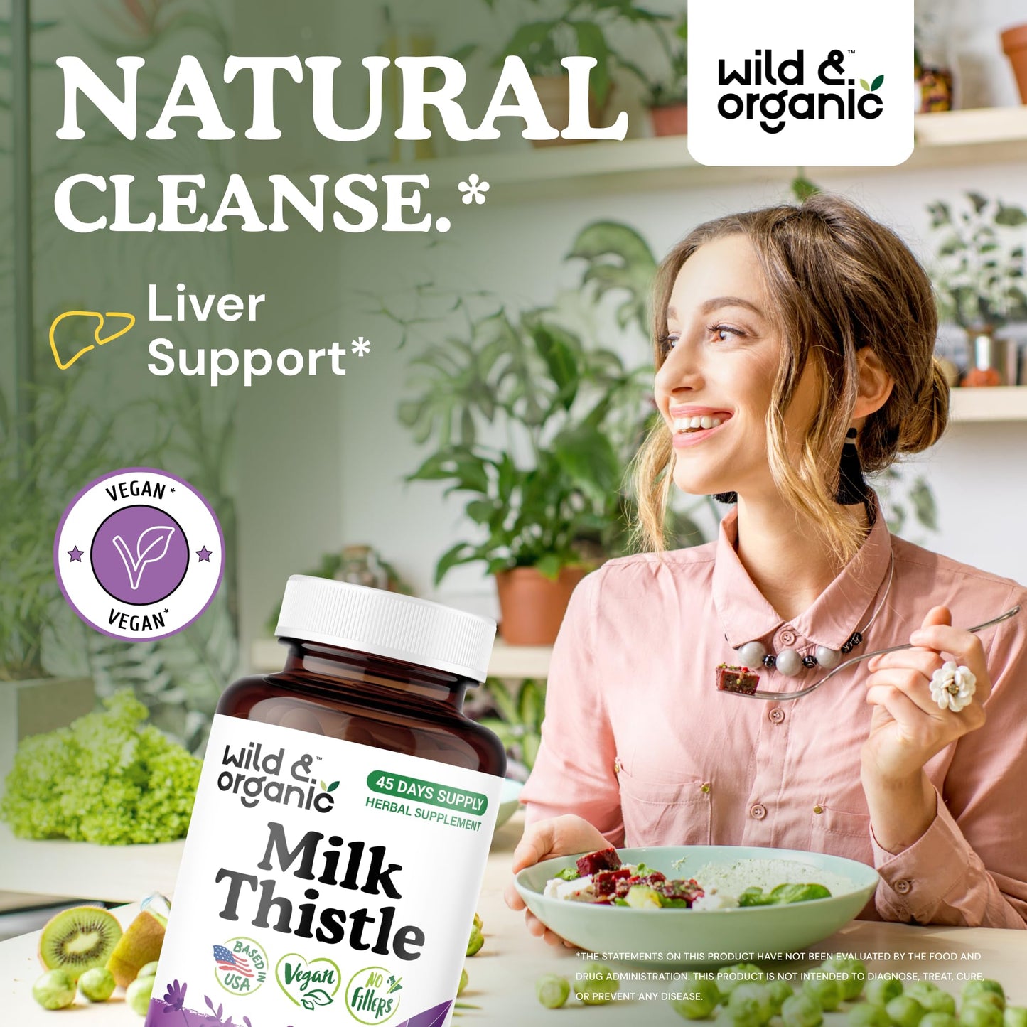 Wild & Organic Milk Thistle Capsules 1000mg - Liver Detox Supplements - Silymarin Milk Thistle Powder for Liver Cleanse - 90 Vegan Capsules - 45-Days Supply - No Fillers, Non-GMO
