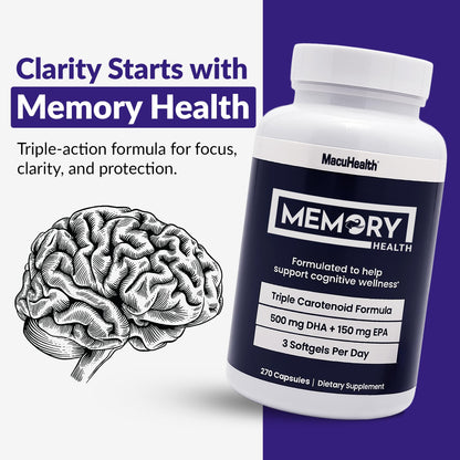 Memory Health Softgels with Omega-3, Carotenoids, and Vitamin E – Designed for Mental Focus, Energy, and Enhanced Clarity - (270 Softgels, 90 Days Supply) MacuhealthBuy Supplements Australia