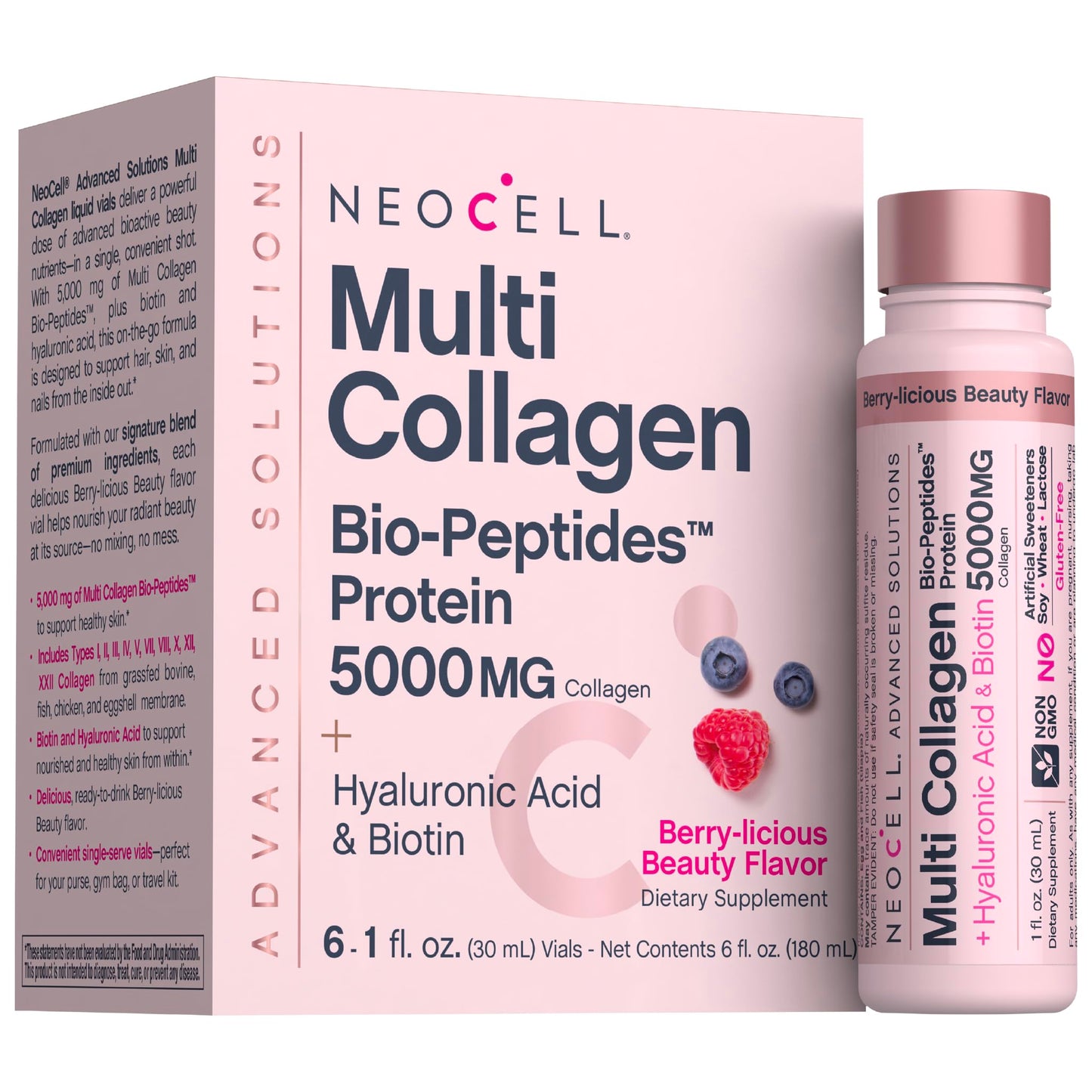 NeoCell Multi Collagen Peptides Liquid | 6 Vials | with Hyaluronic Acid and Biotin | Advanced Formula | Complex Beauty Supplement | Hair, Skin, and Nails