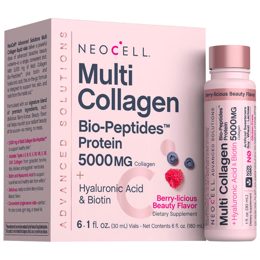 NeoCell Multi Collagen Peptides Liquid | 6 Vials | with Hyaluronic Acid and Biotin | Advanced Formula | Complex Beauty Supplement | Hair, Skin, and Nails