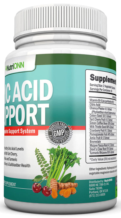 Uric Acid Flush - Herbal Uric Acid Cleanse Supplement - With Tart Cherry, Celery Seed Extract, Chanca Piedra, Devil’s Claw & Green Coffee Bean - Vegan