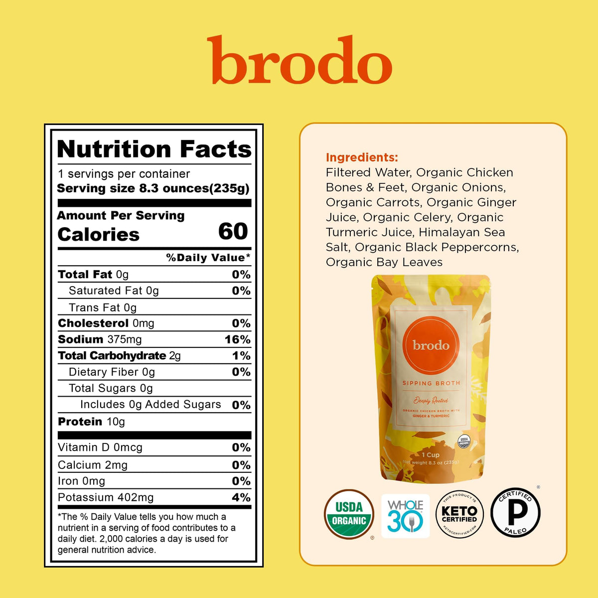 Brodo Ready to Drink Organic Chicken Collagen Rich Bone Broth (6 X 8 oz) | Organic Bone Broth with Collagen, Protein Soup & Sipping Broth for Healthy Meal Prep, Soups and Bone Broth Packets