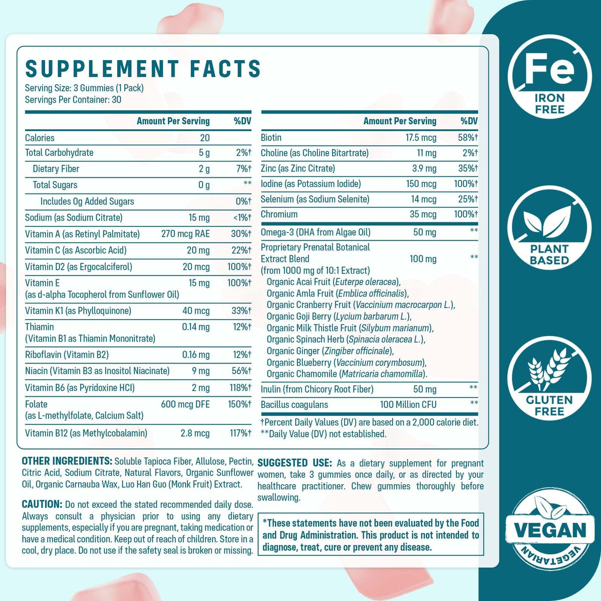 Quorinthiumax Prenatal Gummies Sugar Free 180 Count - Organics Prenatal Vitamins for Women with Folate, DHA & Probiotics - Iron Free Prenatal Vitamin Gummies for Immune & Digestive - 2 Bottles