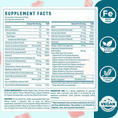 Quorinthiumax Prenatal Gummies Sugar Free 180 Count - Organics Prenatal Vitamins for Women with Folate, DHA & Probiotics - Iron Free Prenatal Vitamin Gummies for Immune & Digestive - 2 Bottles