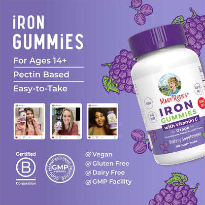 MaryRuth's Iron Gummies for 14+ with Vitamin C for Absorption | Sugar Free | Gummy Iron Supplement + VIT C | Energy Metabolism | Cellular Health | Immune Support | Vegan | Non-GMO | 60 Count