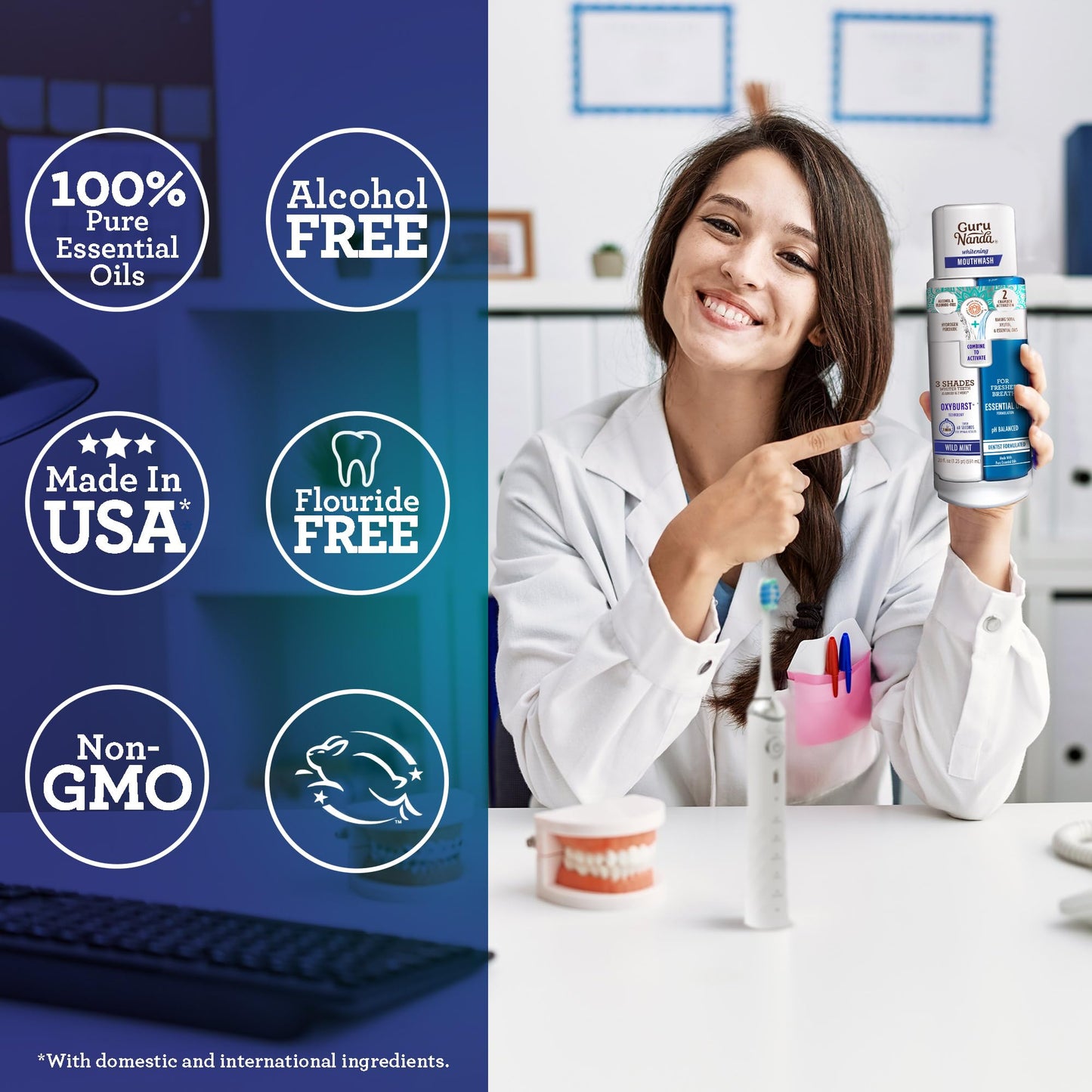 GuruNanda Teeth Whitening Dual Barrel Oxyburst Mouthwash - Alcohol & Fluoride Free, Hydrogen Peroxide to Promote Whiter Teeth - Wild Mint - 20 Fl Oz