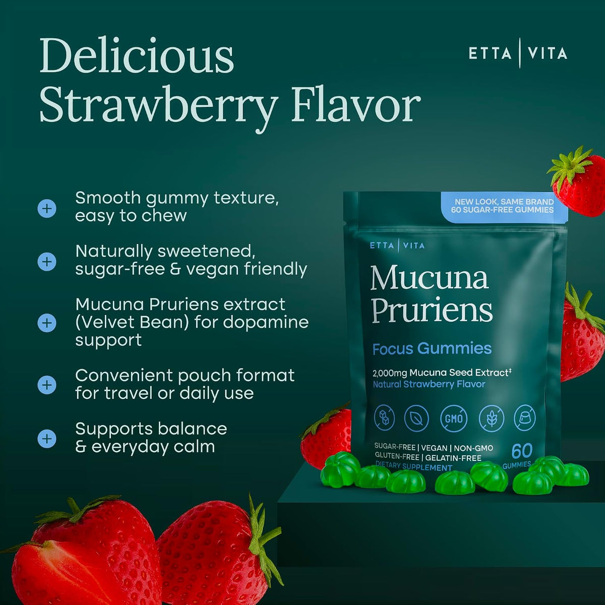 Sugar-Free Mucuna Pruriens Gummies (2g/serving) Strawberry Flavor, 60 Chews | Dopamine supplement for energy, focus, calm mood & motivation, mucuna pruriens 10:1 extract, vegan, non-GMO, gluten-free, USA
