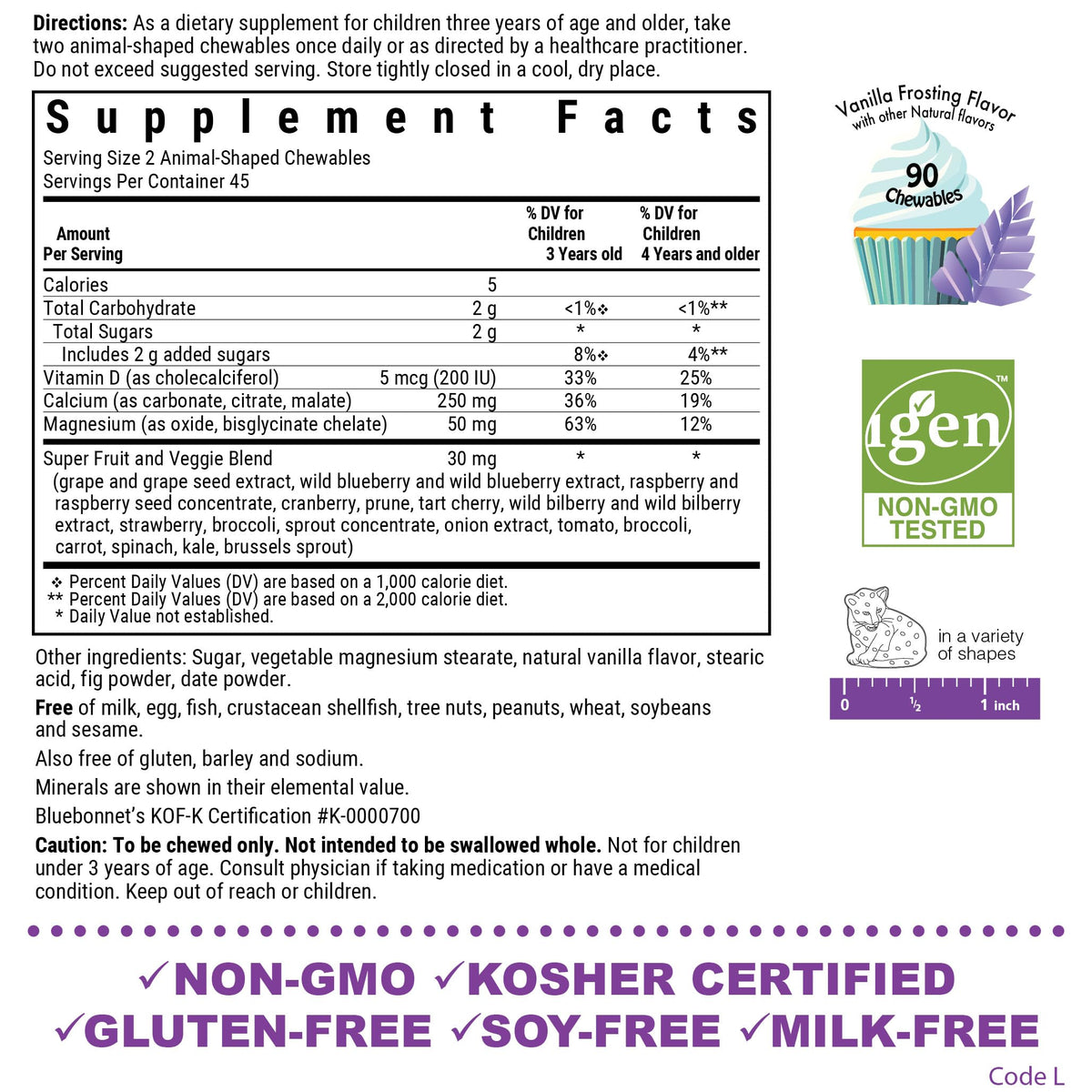 BlueBonnet Super Earth Rainforest Animalz Calcium Magnesium And Vitamin D3 Chews, Natural Vanilla Frosting, White, 90 Count