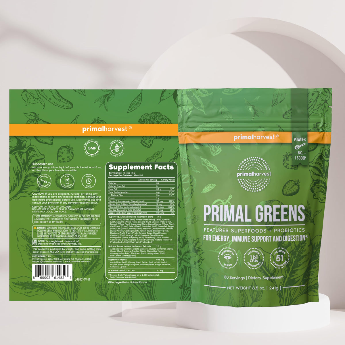 Primal Harvest Greens - Daily Supplement Powder, Gluten, Dairy & Soy Free