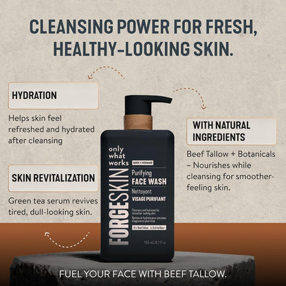 Forge Skin® Men's Daily Anti-Aging Face Care Routine | Beef Tallow Balm Moisturizer + Nourishing Cleanser Exfoliating Face Wash + Radiance & Hydration Wrinkle Defense Serum Skincare Bundle