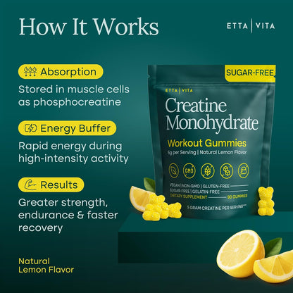 Sugar-Free Creatine Monohydrate Gummies - 5g per Serving, Lemon flavor 90Ct | Creatine gummies for women & men to support muscle, cellular energy & cognitive function, vegan, non-GMO, gluten-free, USA