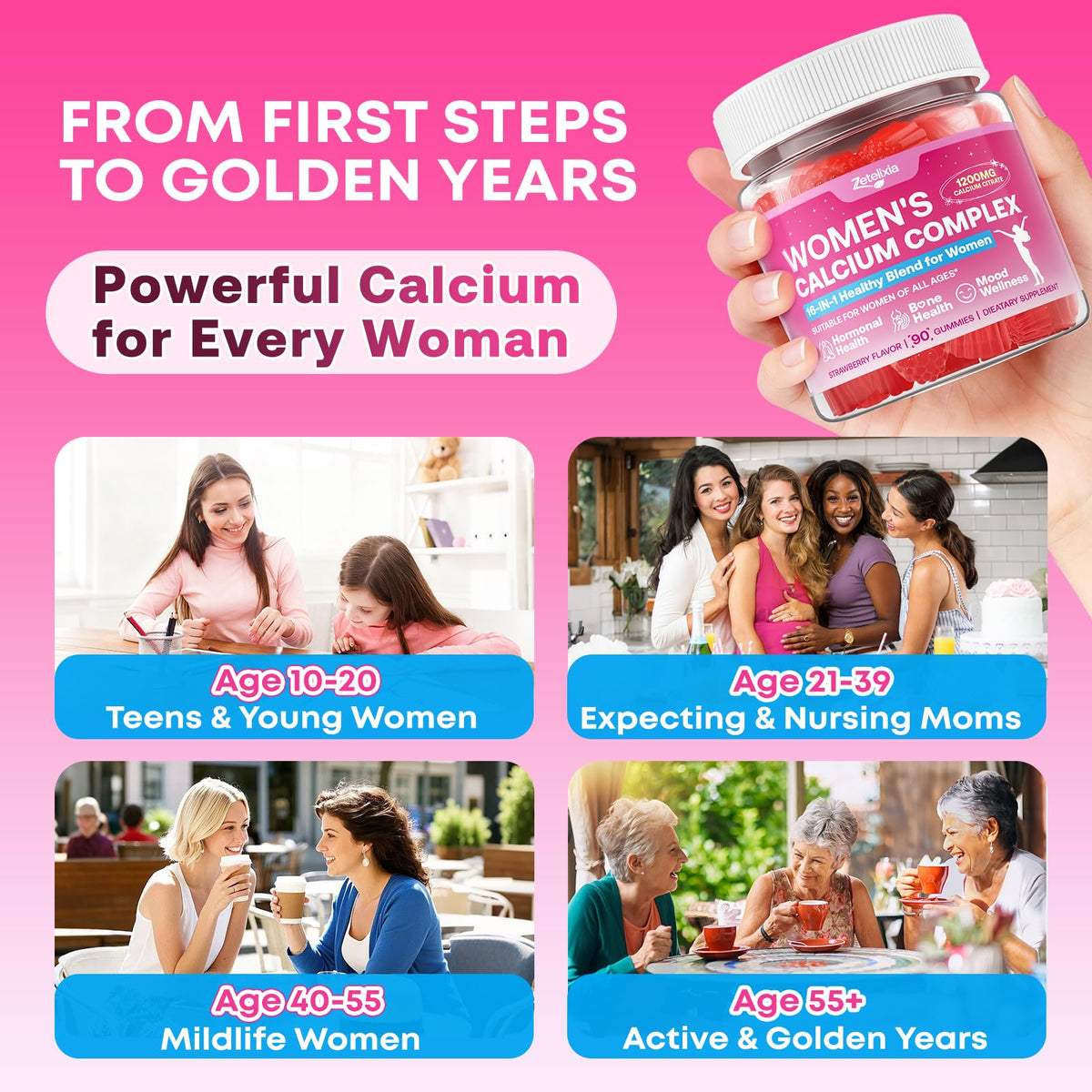 Calcium Gummies for Women, Calcium Citrate 1200mg with Vitamin D3 K2, Collagen & Biotin, B0ne, Teeth, Immune & Hormone Support, Sugar Free, Non-GMO, Gluten-Free, Strawberry Flavor, 90 Count