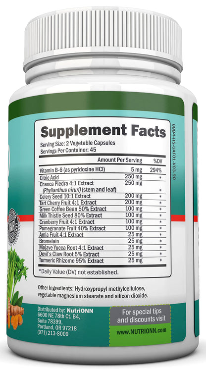 Uric Acid Flush - Herbal Uric Acid Cleanse Supplement - With Tart Cherry, Celery Seed Extract, Chanca Piedra, Devil’s Claw & Green Coffee Bean - Vegan