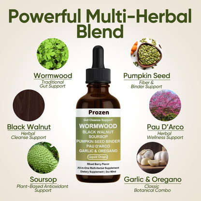 PROZEN Wormwood Gut Cleanse & Detox Drops – Nuvian Black Walnut,Clove, Soursop, Pumpkin Seed, PAU D’Arco, Garlic & Oregano – Mixed Berry Digestive Support