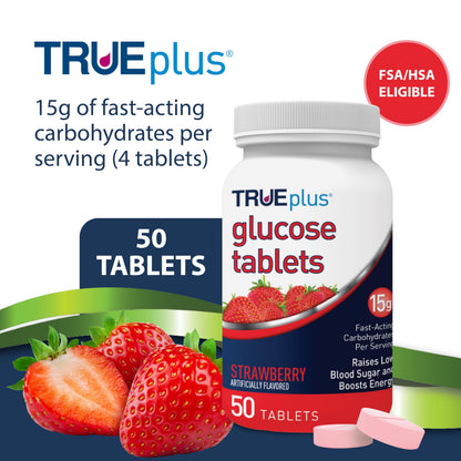 TRUEplus Glucose Tablets, Chewable, Strawberry Flavor, 15g Fast-Acting Carbohydrates, Fat Free, Gluten Free, Boost Energy, 50 Count (Pack of 2)