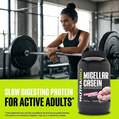 NutraBio Casein Protein Powder, Micellar Casien Powder, 25g Slow Digesting Protein, Helps Keep You Full, Overnight Muscle Recovery & Growth, BCAA & EAA, Gluten Free, Soy Free, 2lb Strawberry Ice Cream