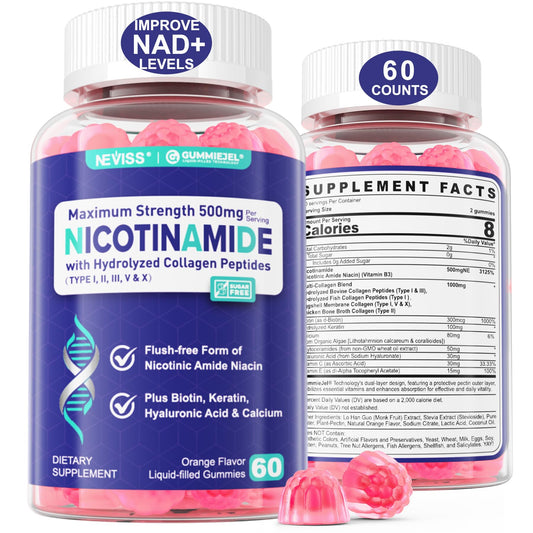 NEVISS Nicotinamide 500mg Gummies, Niacinamide Supplement with Collagen Peptides, (Flush Free Niacin) Vitamin B3 Niacinamide for Anti-Aging, NAD+ Levels,