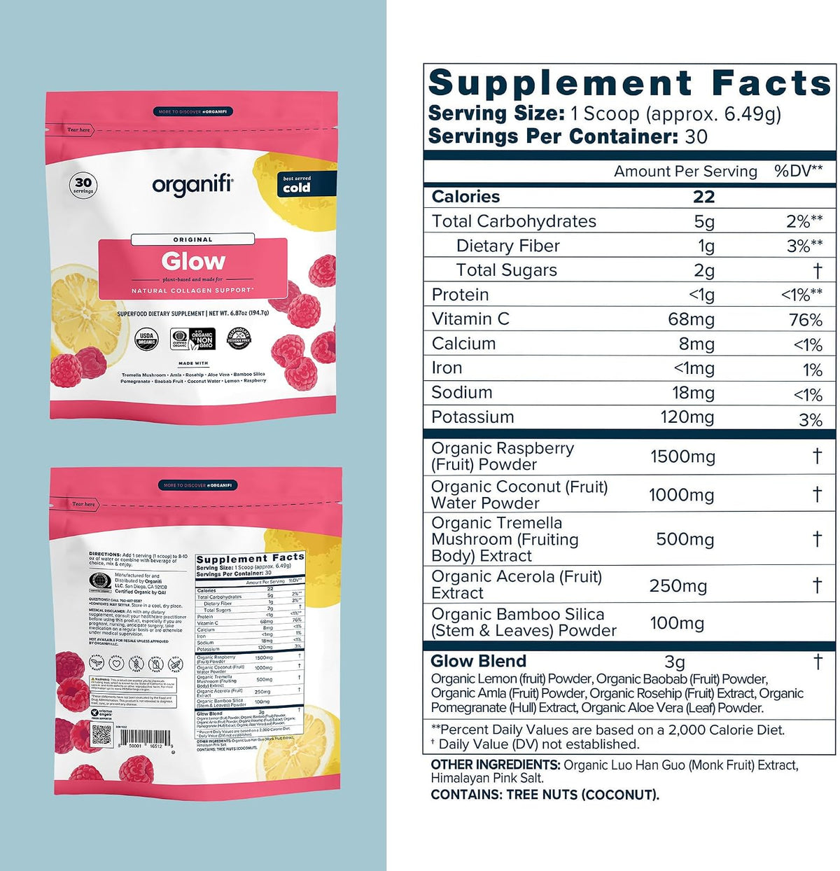 Organifi Glow - Vegan Collagen Powder for Women - Organic Flavored Water Ingredient, 30 Servings