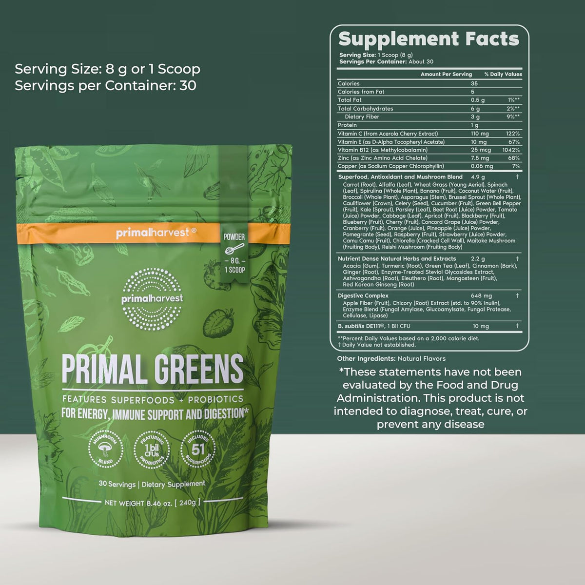 Primal Harvest Super Greens & Collagen Powder Supplements for Women and Men Superfood Greens Powder and Collagen Peptides Powder for Hair, Skin, and Nails Bundle