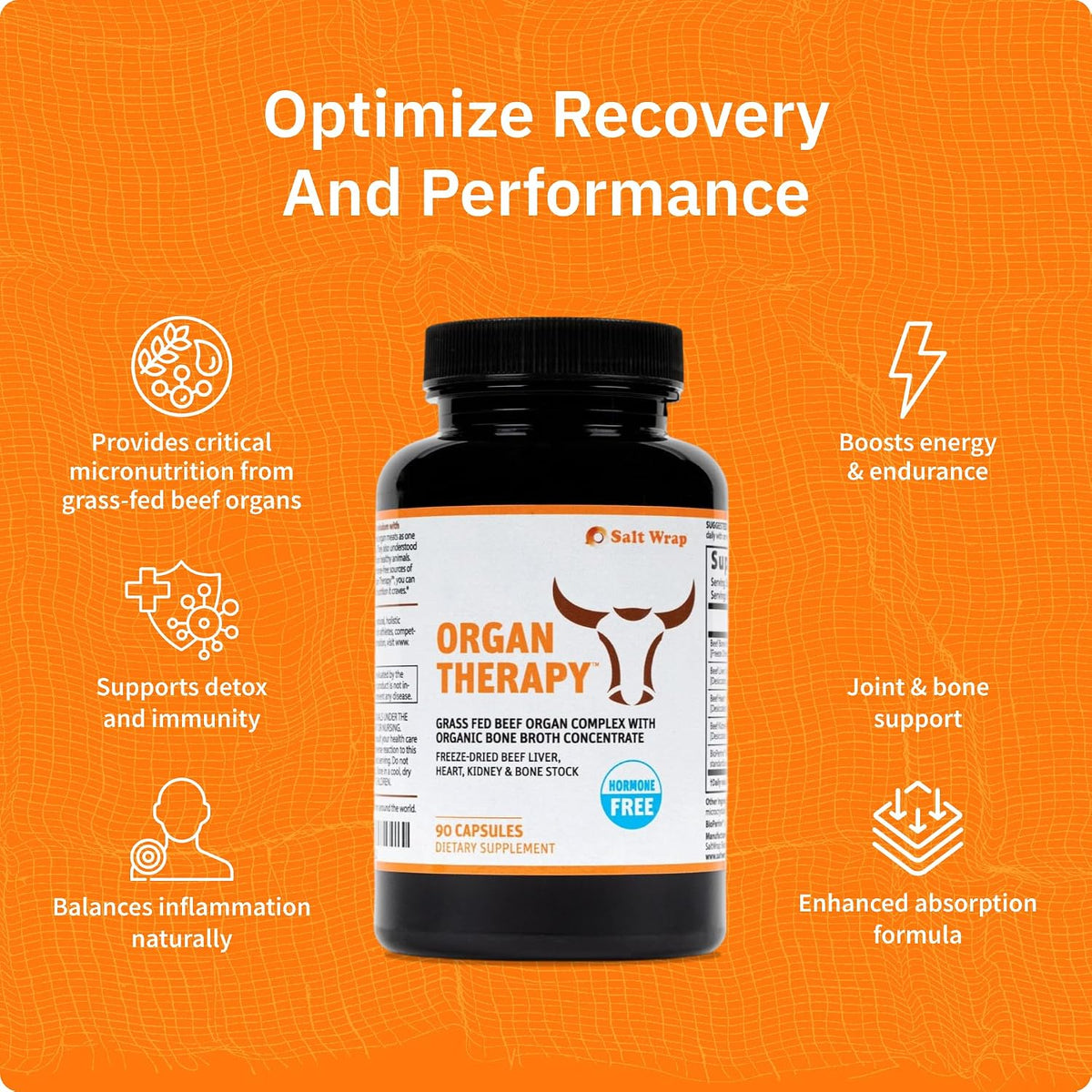 SaltWrap Organ Therapy - Grass Fed Beef Organ Meat Complex Supplement with Organic Bone Broth Concentrate (Beef Liver, Heart, Kidney and Bone Broth Capsules with BioPerine) Desiccated, 90 Capsules | Manufactured in USA, Grass-Fed & Freeze-Dried Heart and