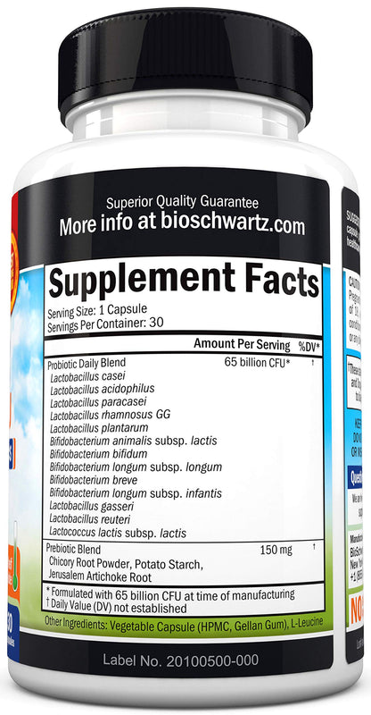 Probiotic 65 Billion - Probiotics with Prebiotic for Women & Men - Lactobacillus Acidophilus Digestive Health Capsules - Targeted Release Technology - Shelf Stable Supplement Non-GMO Dairy Free-30ct