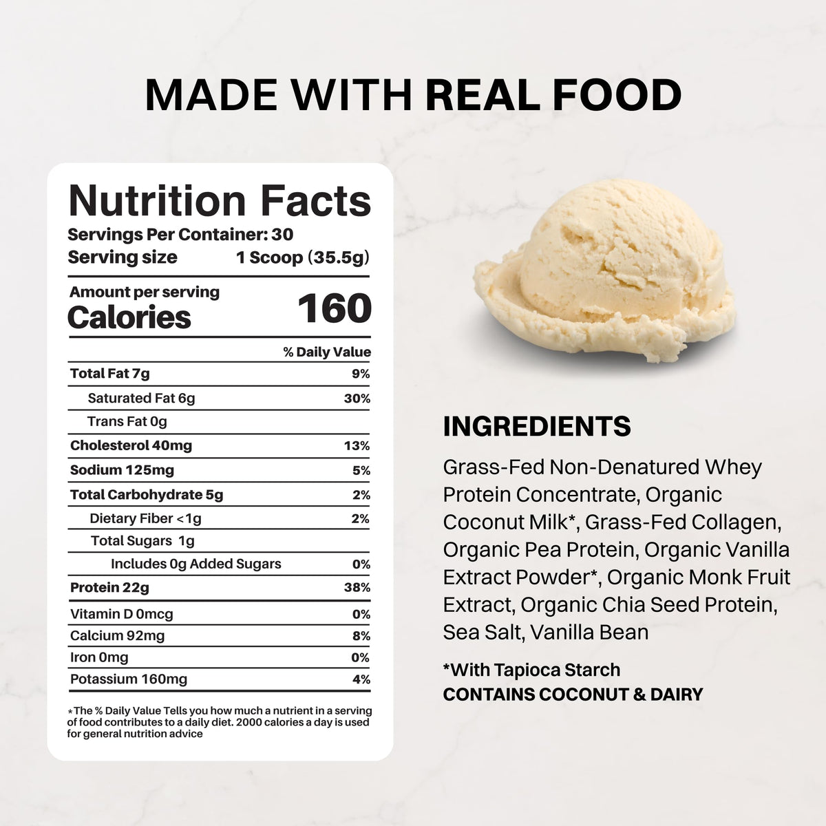 JUST INGREDIENTS Vanilla Bean Protein Powder – 20-Serving Blend with 100% Grass-Fed Whey & Organic Plant Proteins – Real Vanilla Bean & Cinnamon – Supports Muscle Recovery, Energy*