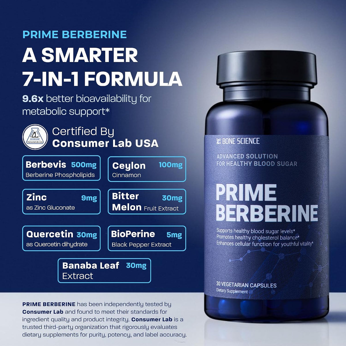 BONE SCIENCE Prime Berberine Phytosome with Berbevis and BioPerine, Metabolic Wellness Support with Ceylon Cinnamon, Banaba, Bitter Melon and Quercetin, Vegetarian Capsules