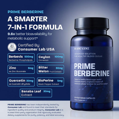 BONE SCIENCE Prime Berberine Phytosome with Berbevis and BioPerine, Metabolic Wellness Support with Ceylon Cinnamon, Banaba, Bitter Melon and Quercetin, Vegetarian Capsules