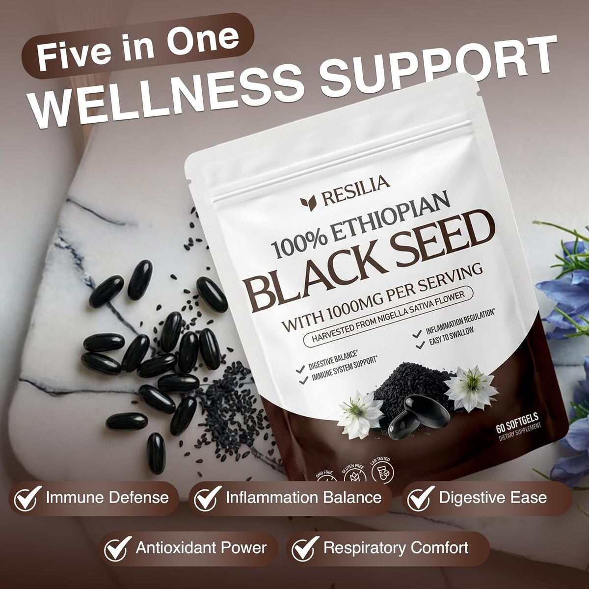 Resilia Ethiopian Black Seed Softgels 1000mg Per Serving – Premium Nigella Sativa Seed Oil Supplement – Digestive & Immune Support Formula – Easy to Swallow Soft Capsules 120 Count (Pack 2)