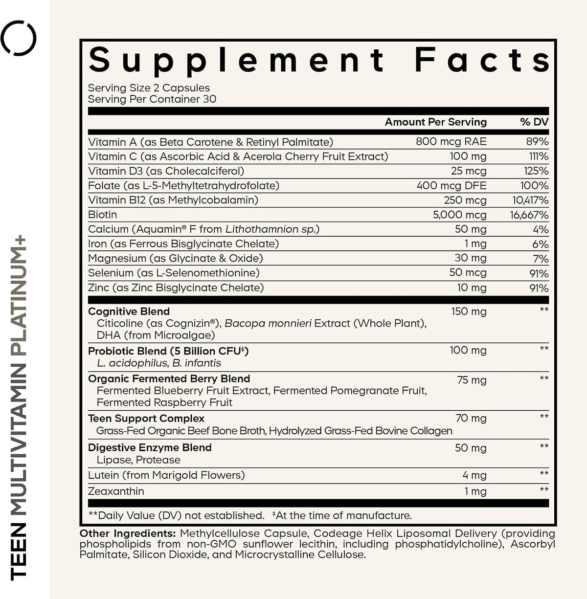 Codeage Teen Multivitamin+ Platinum Supplement - Vitamins A, C, D3, E, B6, B12, Minerals, Probiotics, Citicoline, Collagen, Bone Broth, Folate, Biotin, Lutein, Zeaxanthin - Non-GMO - 60 Capsules
