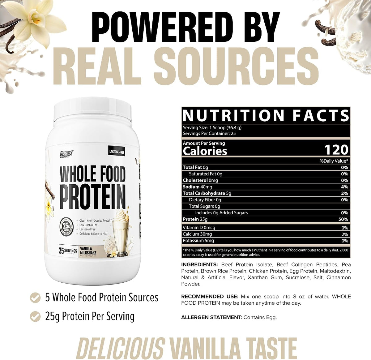 Whole Food Protein Powder - 25g Protein per Scoop, Lactose Free Protein with Beef Isolate, Collagen, Pea, Brown Rice, Chicken & Egg Protein, 0G Sugar, Keto Friendly, Vanilla Milkshake 25 Serv