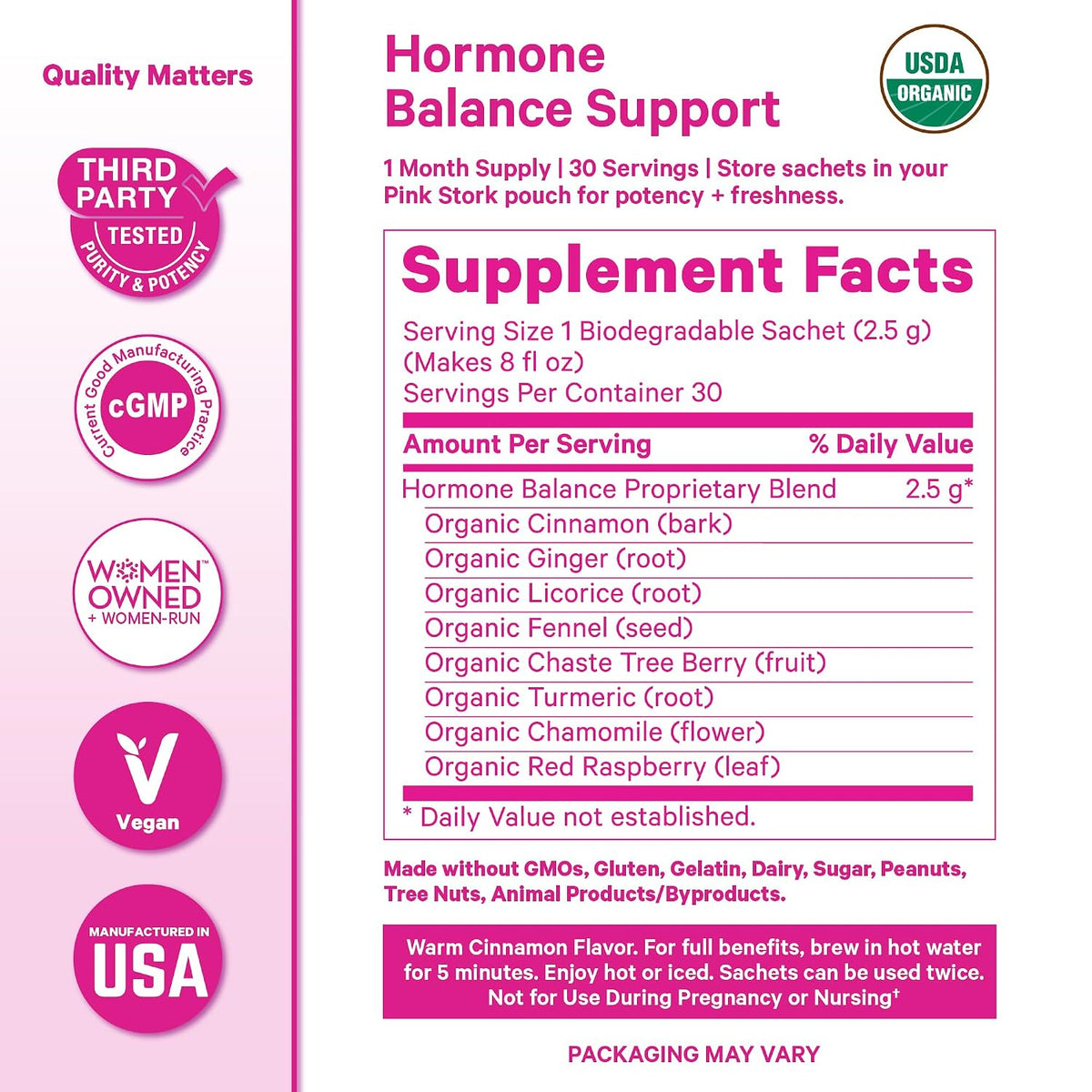 Pink Stork Organic Hormone Balance Tea for Women, Cinnamon, 30 Servings | Red Raspberry Leaf & Chasteberry (Vitex), Organic Herbal Tea, PMS, Menstrual Cycle + Perimenopause Support