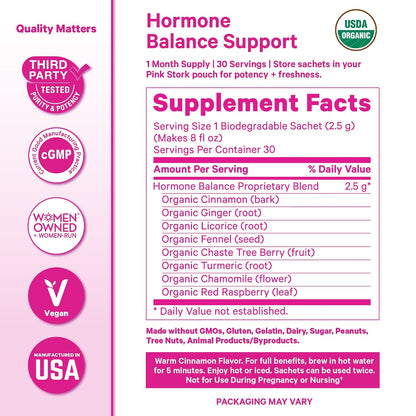 Pink Stork Organic Hormone Balance Tea for Women, Cinnamon, 30 Servings | Red Raspberry Leaf & Chasteberry (Vitex), Organic Herbal Tea, PMS, Menstrual Cycle + Perimenopause Support