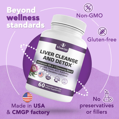 Liver Cleanse Detox & Repair Fatty Liver Supplements 28-in-1 Advanced Herbal Liver Health Supplement Formula - Milk Thistle Silymarin, Artichoke Extract, Dandelion & Apple Cider Vinegar - 60 Pills