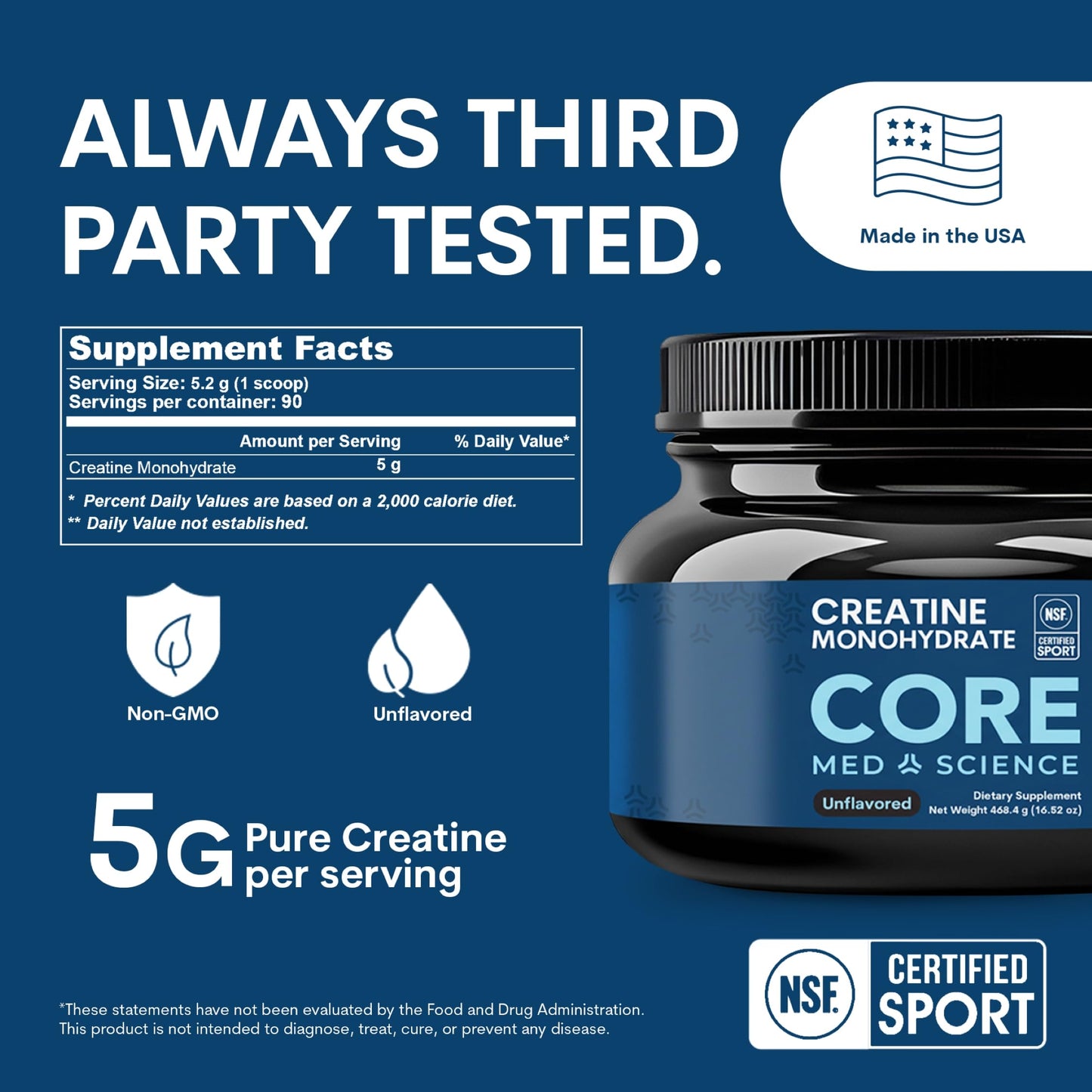 Core Med Science Creatine Monohydrate Powder 90 Servings - NSF Certified for Sport, 5g Pure Micronized Creatine, Unflavored Supplement for Strength, Recovery