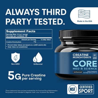 Core Med Science Creatine Monohydrate Powder 90 Servings - NSF Certified for Sport, 5g Pure Micronized Creatine, Unflavored Supplement for Strength, Recovery