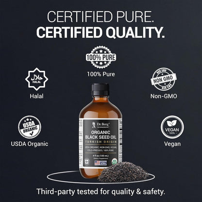 Dr. Berg Black Seed Oil Organic Cold Pressed – Pure Nigella Sativa Black Cumin Oil – USDA Organic, Halal, Vegan – for Hair, Skin, Immune Support – Unrefined Liquid – 4 oz Glass Bottle