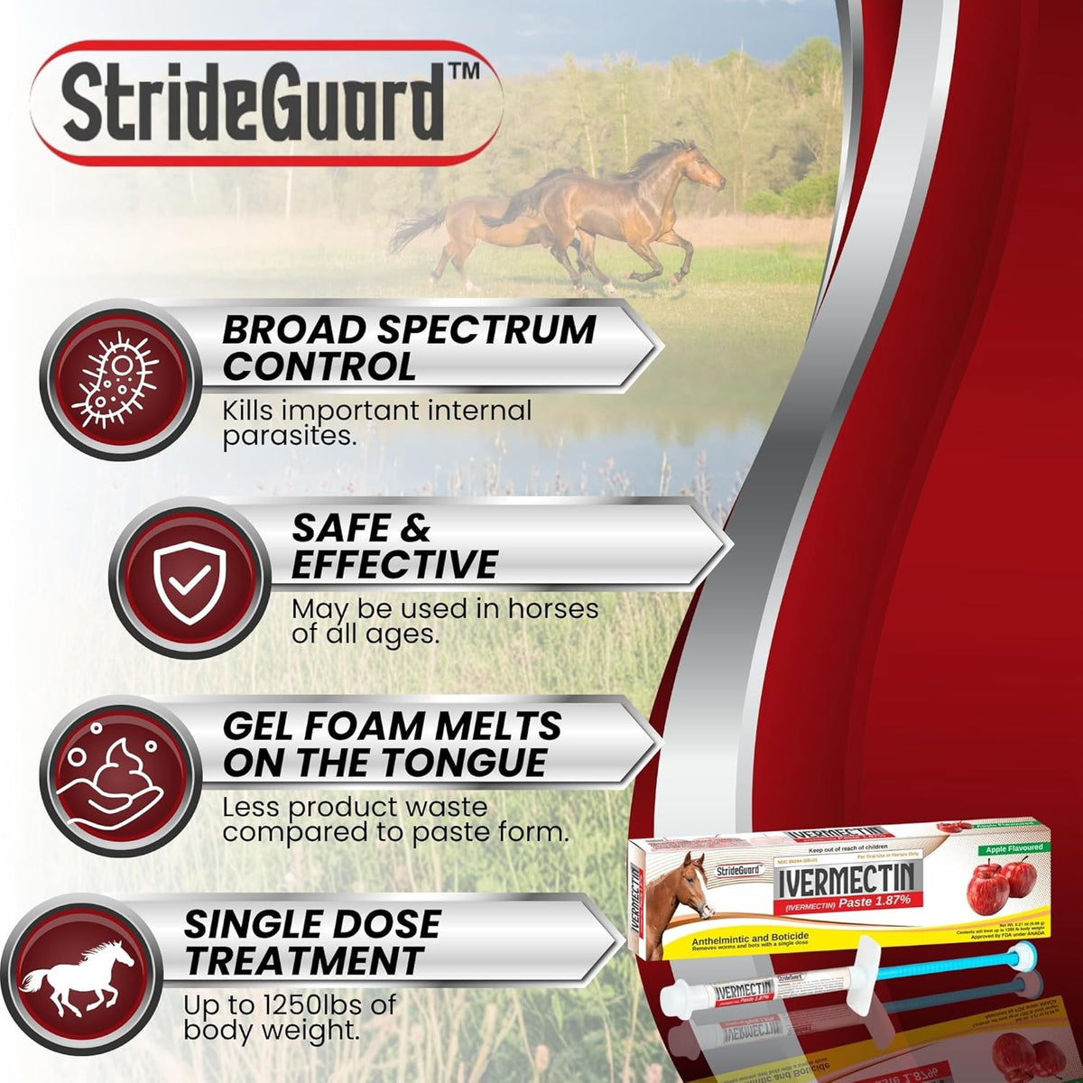 Ivermectin Horse Paste 1.87% – Apple Flavored Oral Horse Dewormer Syringe – 6.08g Tube Treats Horses Up to 1250 LB [Pack-3]