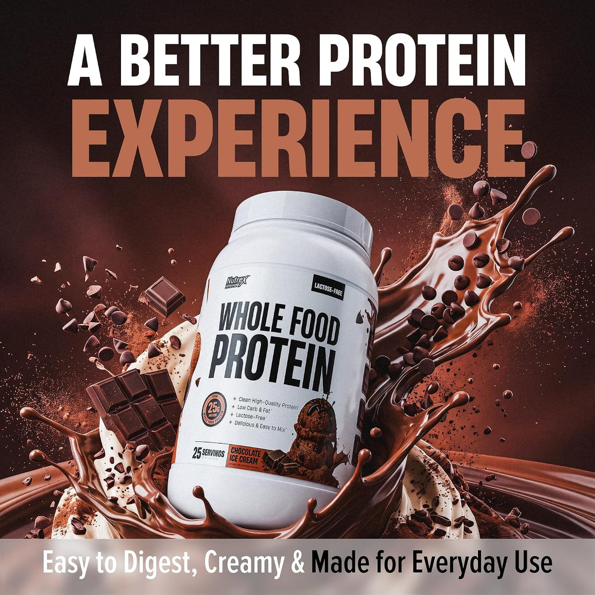 Whole Food Protein Powder - 25g Protein per Scoop, Lactose Free Protein with Beef Isolate, Collagen, Pea, Brown Rice, Chicken & Egg Protein, 0G Sugar, Keto Friendly, Chocolate Ice Cream 25 Serv