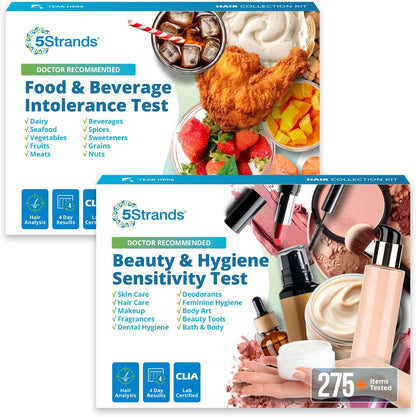 5Strands Food & Beverage Intolerance Test + Beauty Hygiene Sensitivity Test Bundle, At-Home Hair Analysis, Identify Food Intolerances & Personal Care Ingredient Sensitivities, Results in 4 Days