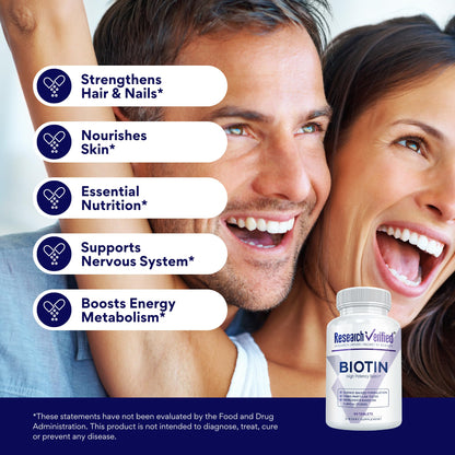 Research Verified Biotin – Pure Extra Strength Biotin 10000mcg – Hair Skin and Nails Vitamin – Third-Party Tested, Made in USA – 60 Vegan Tablets